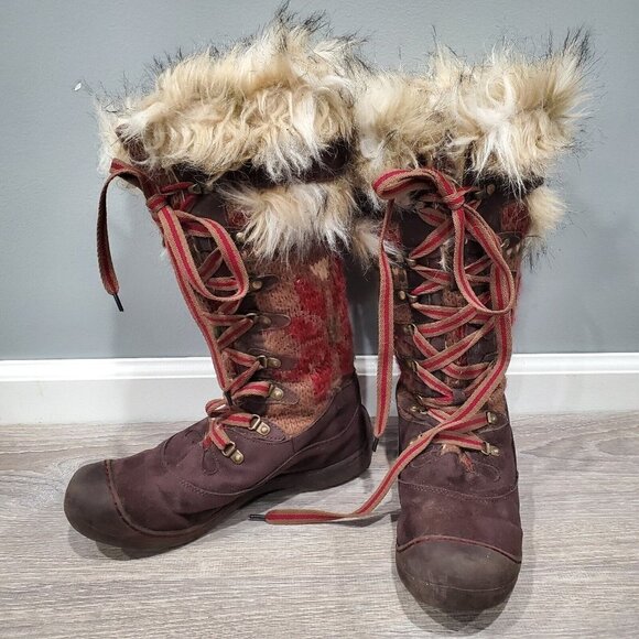 Mukluks Shoes - Muk Luks Snow Boots Gwen Thinsulate Knit Tall Lace Up Red Brown Faux Suede Sz 10